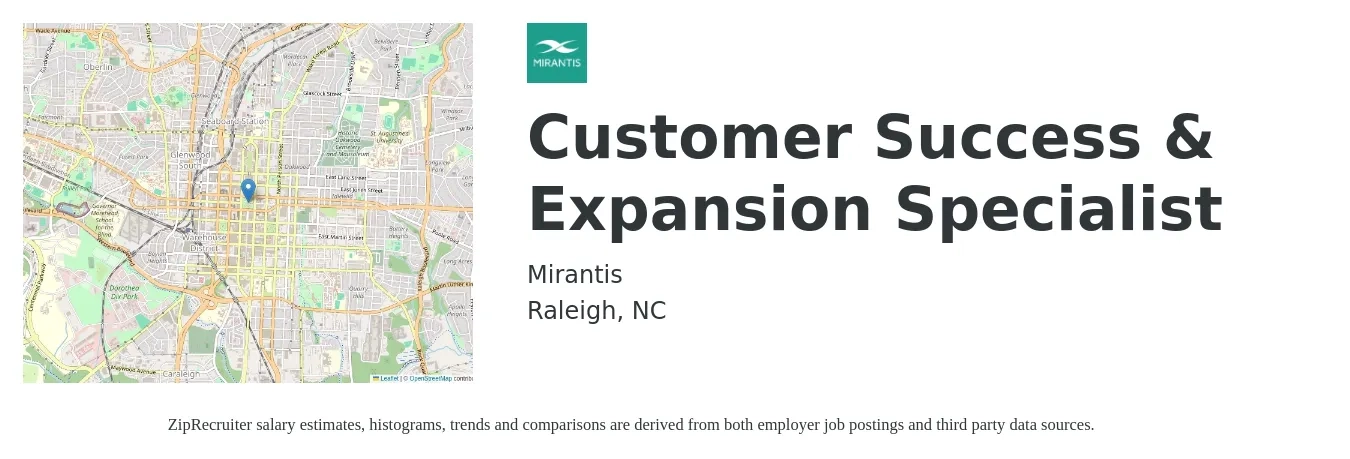 Mirantis job posting for a Customer Success & Expansion Specialist in Raleigh, NC with a salary of $18 to $25 Hourly with a map of Raleigh location.