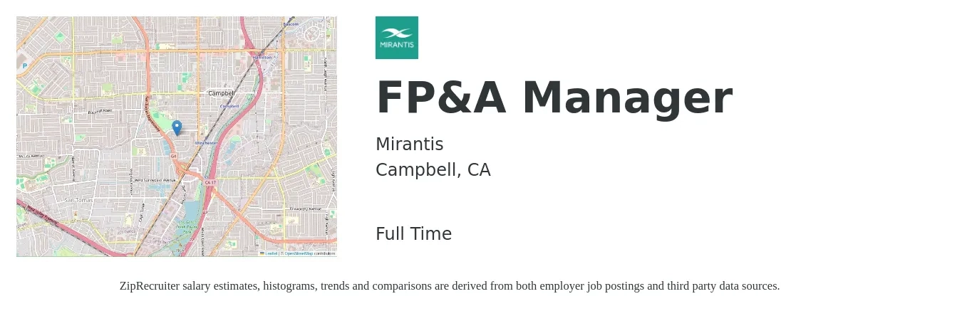 Mirantis job posting for a FP&A Manager in Campbell, CA with a salary of $126,200 to $171,900 Yearly with a map of Campbell location.