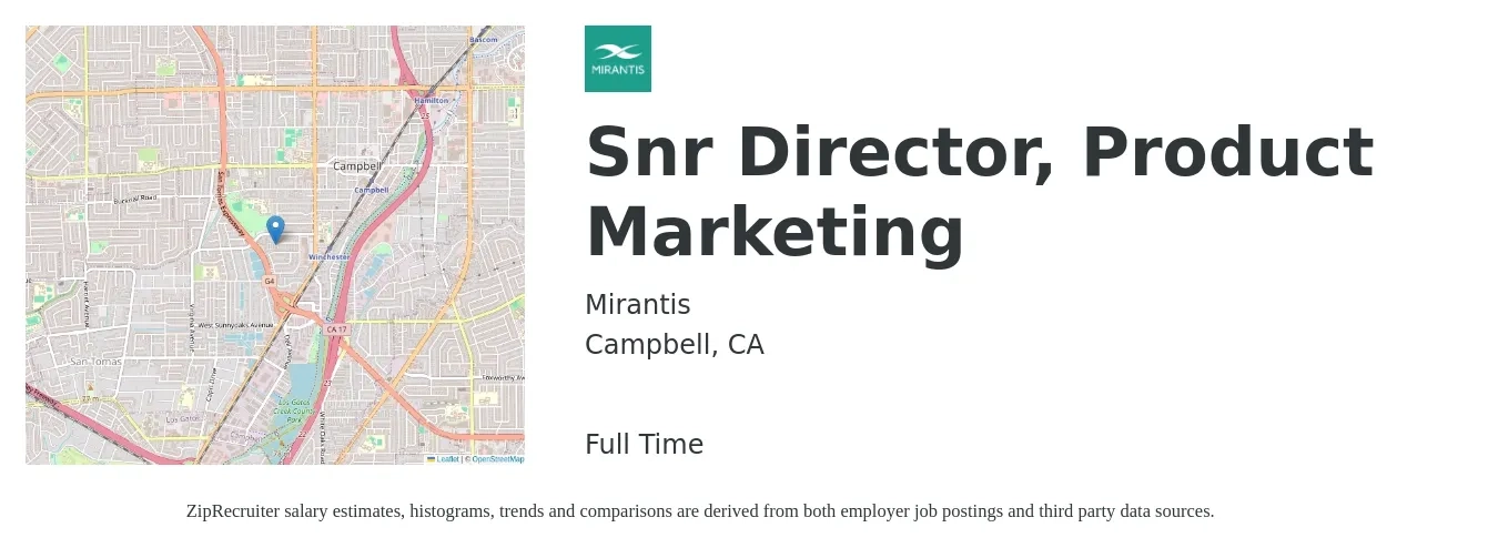 Mirantis job posting for a Snr Director, Product Marketing in Campbell, CA with a salary of $174,200 to $259,300 Yearly with a map of Campbell location.