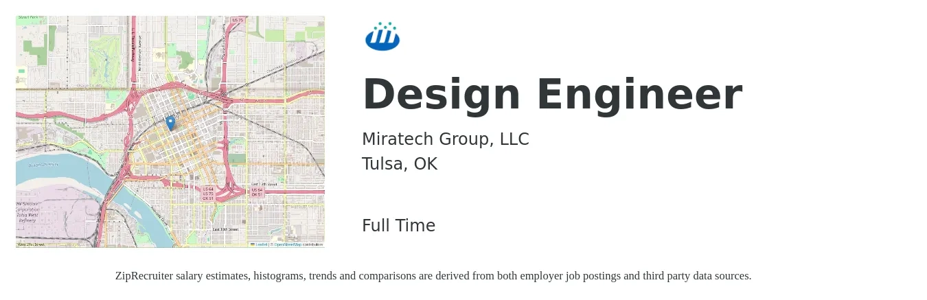 Miratech Group, LLC job posting for a Design Engineer in Tulsa, OK with a salary of $59,800 to $86,600 Yearly with a map of Tulsa location.