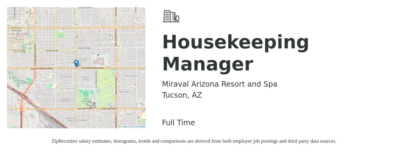 Miraval Arizona Resort and Spa job posting for a Housekeeping Manager in Tucson, AZ with a salary of $14 to $20 Hourly with a map of Tucson location.