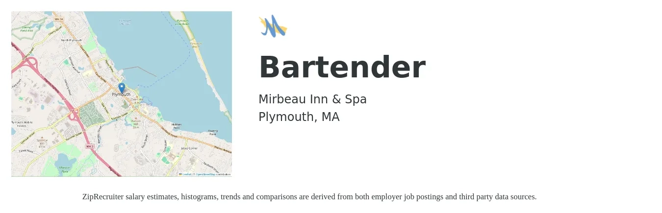 Mirbeau Inn & Spa job posting for a Bartender in Plymouth, MA with a salary of $11 to $20 Hourly with a map of Plymouth location.
