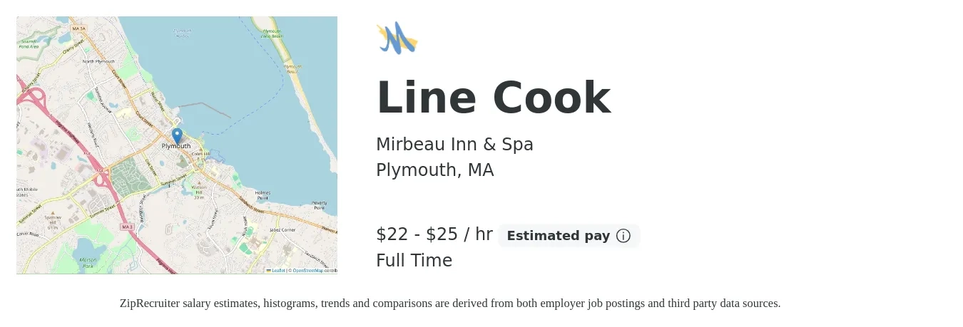 Mirbeau Inn & Spa job posting for a Line Cook in Plymouth, MA with a salary of $23 to $27 Hourly with a map of Plymouth location.
