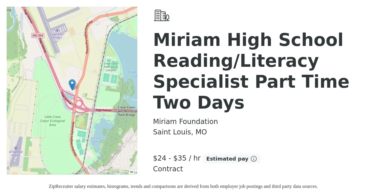 Miriam Foundation job posting for a Miriam High School Reading-Literacy Specialist Part Time Two Days in Saint Louis, MO with a salary of $25 to $36 Hourly with a map of Saint Louis location.