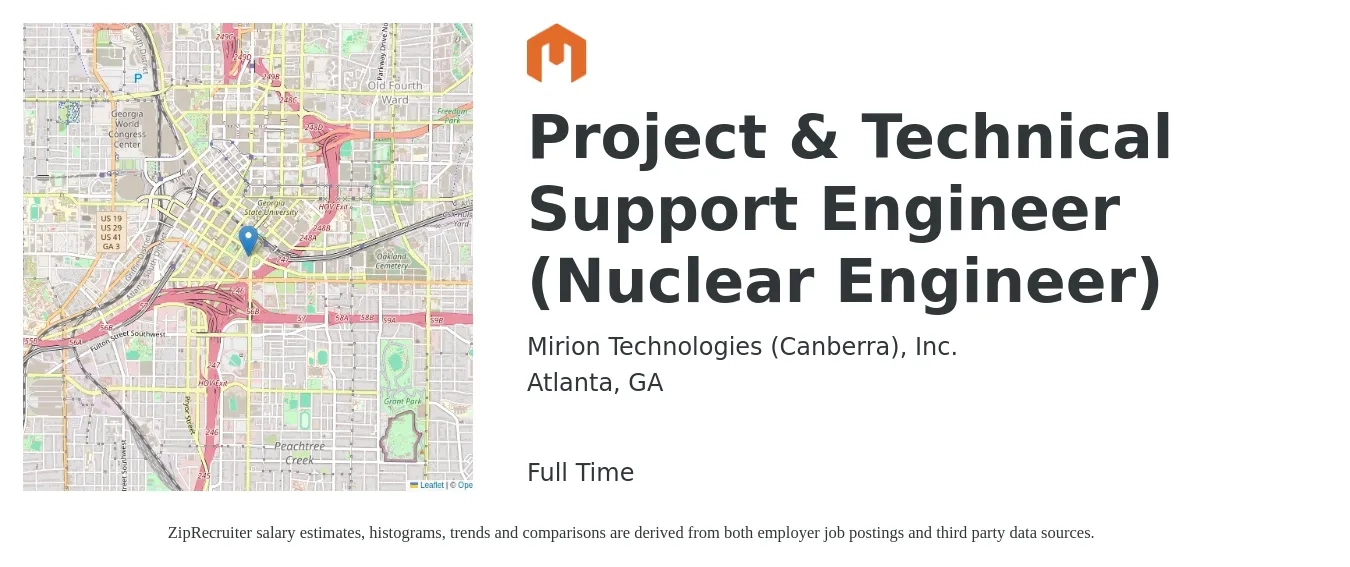 Mirion Technologies (Canberra), Inc. job posting for a Project & Technical Support Engineer (Nuclear Engineer) in Atlanta, GA with a salary of $55,100 to $93,500 Yearly with a map of Atlanta location.