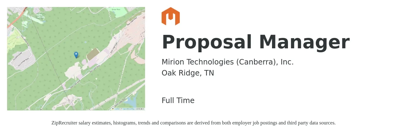 Mirion Technologies (Canberra), Inc. job posting for a Proposal Manager in Oak Ridge, TN with a salary of $69,800 to $102,400 Yearly with a map of Oak Ridge location.