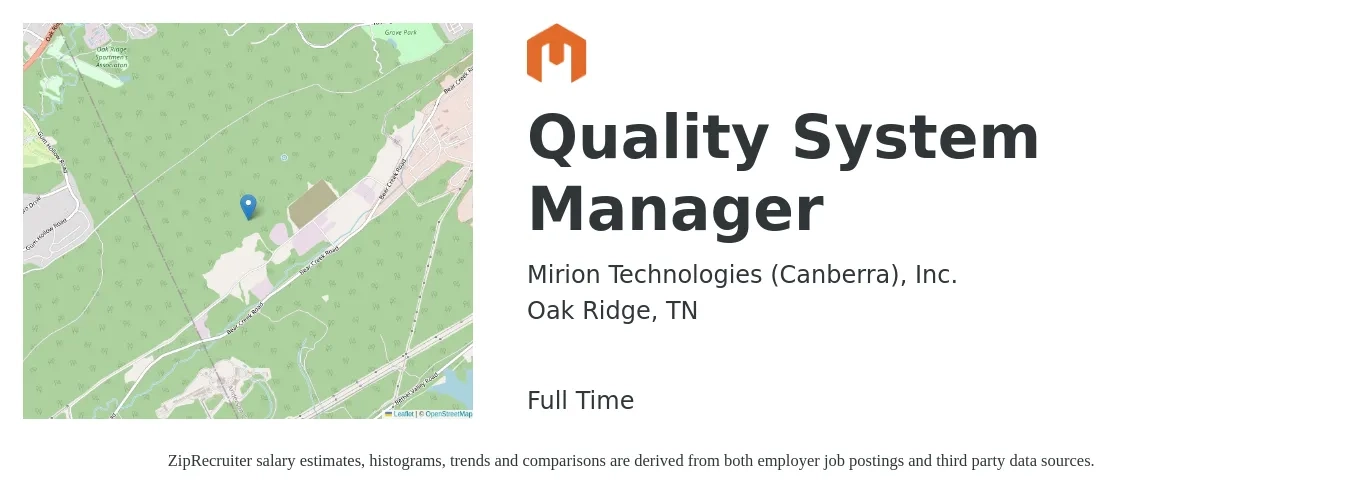 Mirion Technologies (Canberra), Inc. job posting for a Quality System Manager in Oak Ridge, TN with a salary of $38,200 to $118,000 Yearly with a map of Oak Ridge location.