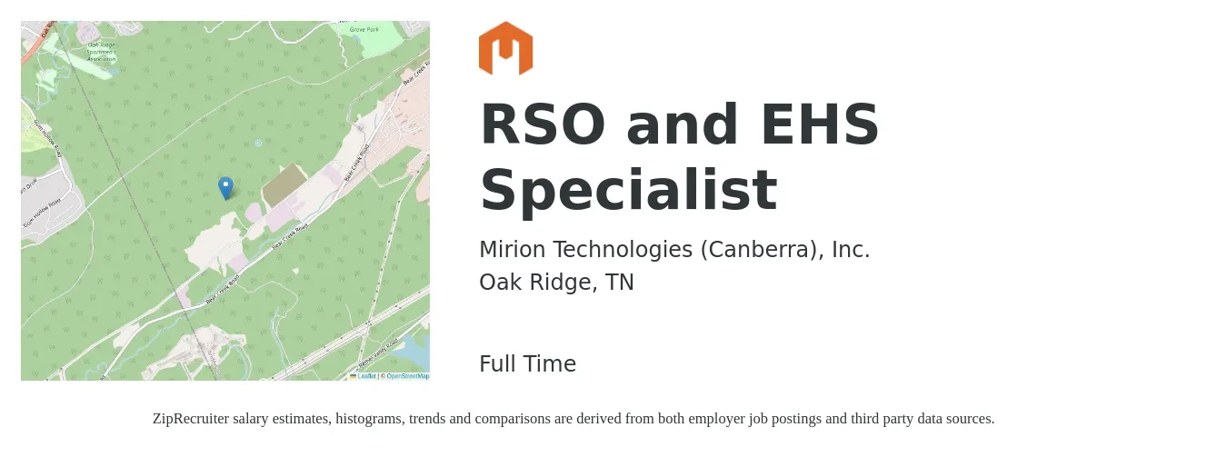 Mirion Technologies (Canberra), Inc. job posting for a RSO and EHS Specialist in Oak Ridge, TN with a salary of $54,700 to $78,100 Yearly with a map of Oak Ridge location.