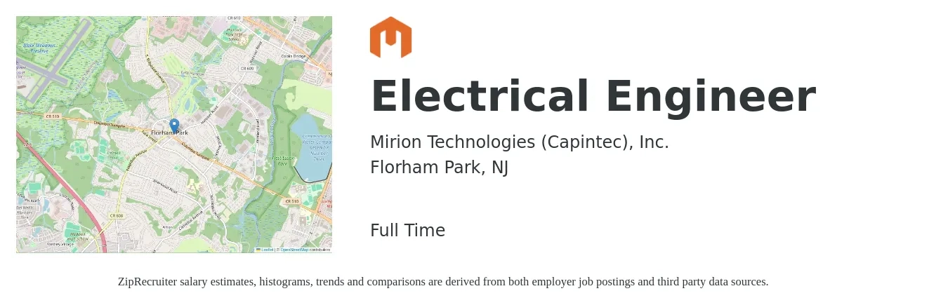 Mirion Technologies (Capintec), Inc. job posting for a Electrical Engineer in Florham Park, NJ with a salary of $86,900 to $138,100 Yearly with a map of Florham Park location.