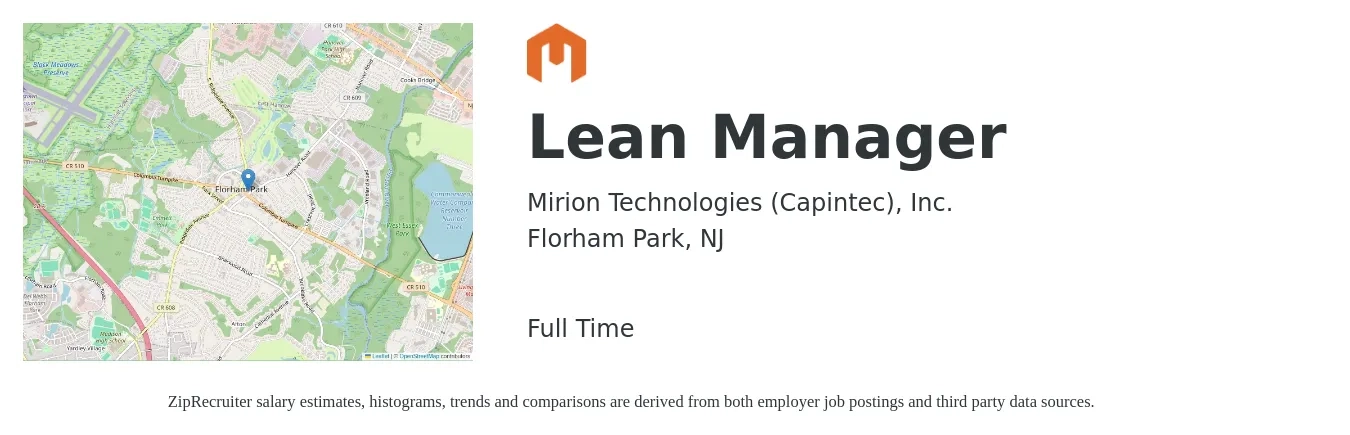 Mirion Technologies (Capintec), Inc. job posting for a Lean Manager in Florham Park, NJ with a salary of $94,200 to $120,300 Yearly with a map of Florham Park location.