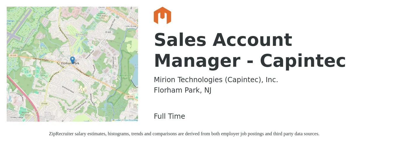 Mirion Technologies (Capintec), Inc. job posting for a Sales Account Manager - Capintec in Florham Park, NJ with a salary of $52,800 to $83,700 Yearly with a map of Florham Park location.