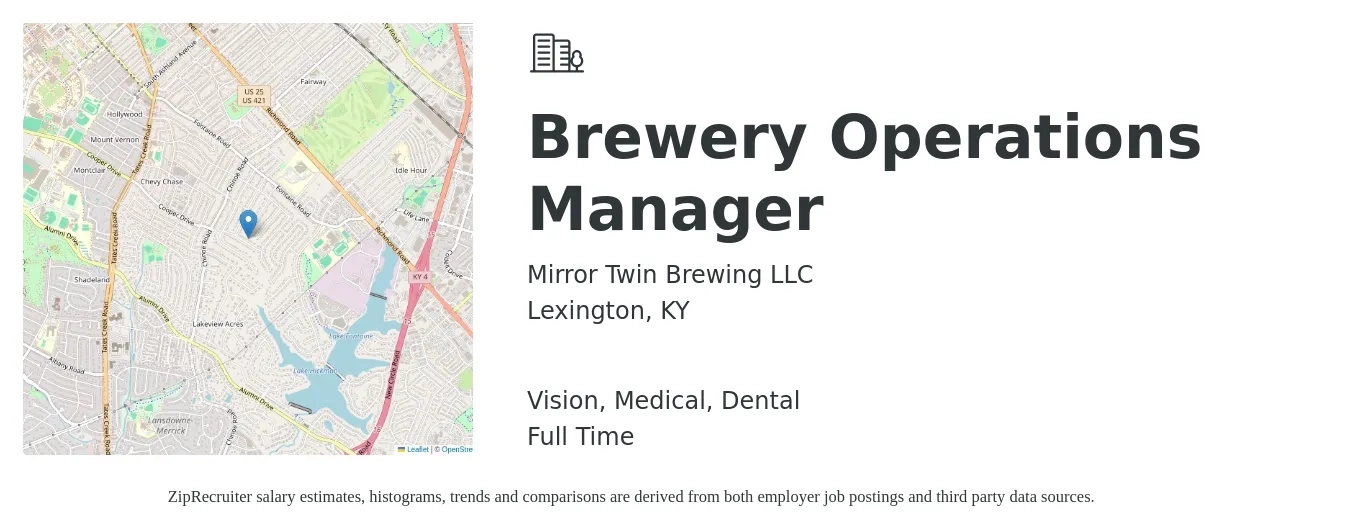 Mirror Twin Brewing LLC job posting for a Brewery Operations Manager in Lexington, KY with a salary of $40,800 to $77,000 Yearly and benefits including dental, medical, and vision with a map of Lexington location.