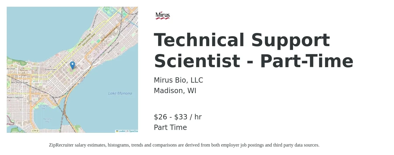 Mirus Bio, LLC job posting for a Technical Support Scientist - Part-Time in Madison, WI with a salary of $28 to $35 Hourly with a map of Madison location.