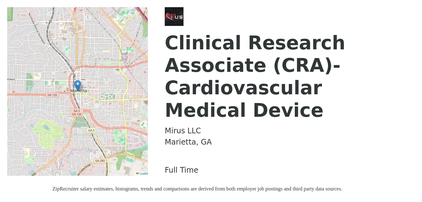 Mirus LLC job posting for a Clinical Research Associate (CRA)- Cardiovascular Medical Device in Marietta, GA with a salary of $28 to $50 Hourly with a map of Marietta location.