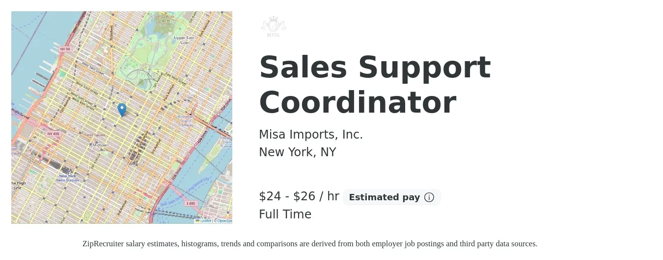 Misa Imports, Inc. job posting for a Sales Support Coordinator in New York, NY with a salary of $25 to $28 Hourly with a map of New York location.