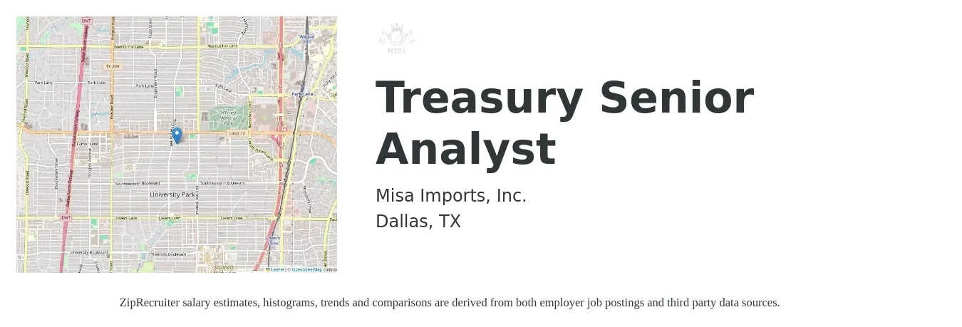Misa Imports, Inc. job posting for a Treasury Senior Analyst in Dallas, TX with a salary of $68,200 to $88,300 Yearly with a map of Dallas location.