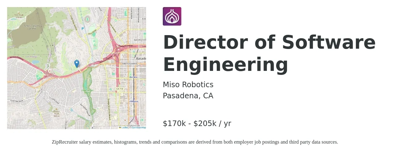 Miso Robotics job posting for a Director of Software Engineering in Pasadena, CA with a salary of $170,000 to $205,000 Yearly with a map of Pasadena location.