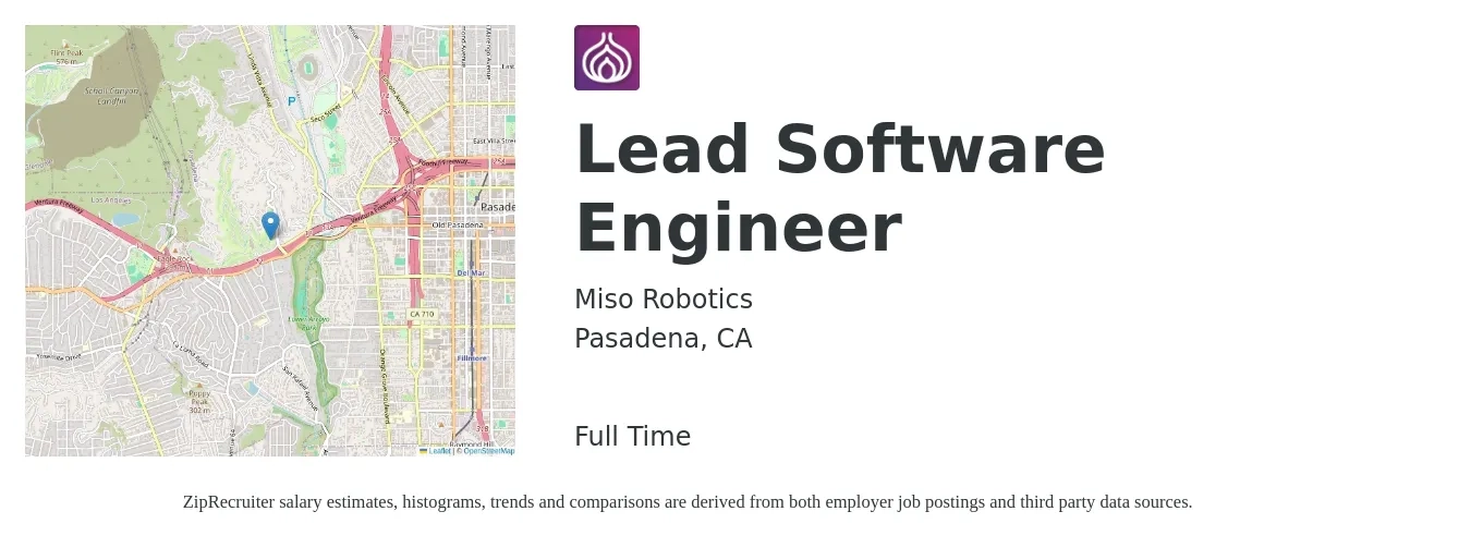Miso Robotics job posting for a Lead Software Engineer in Pasadena, CA with a salary of $165,000 to $200,000 Yearly with a map of Pasadena location.