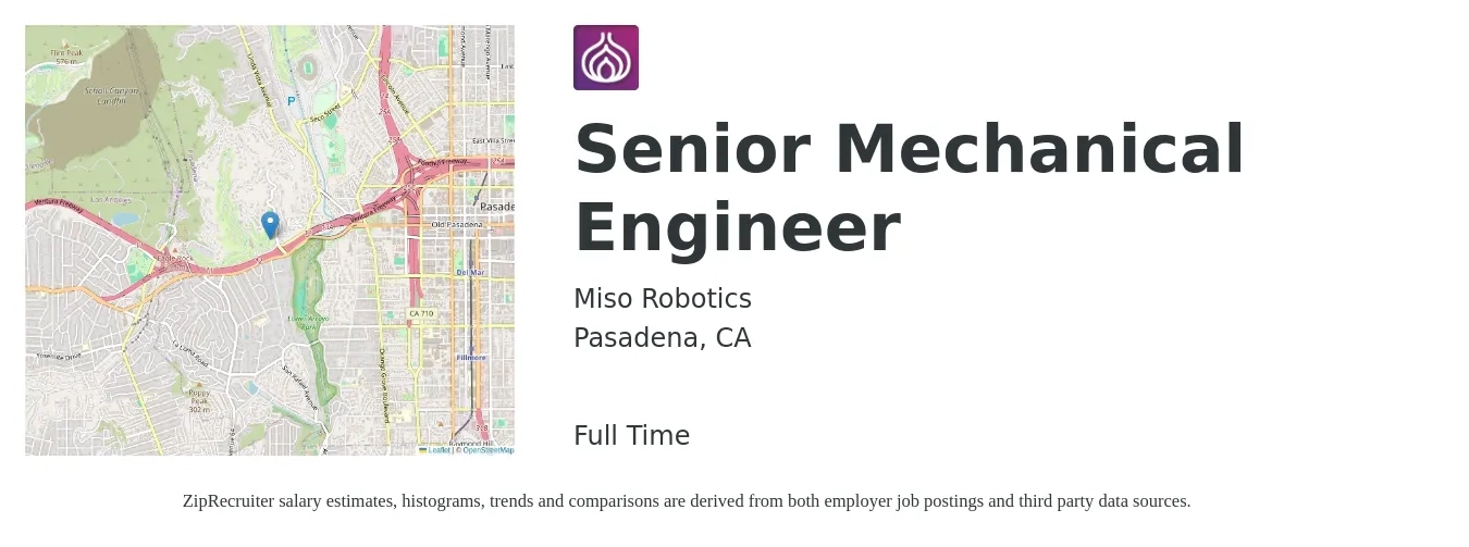 Miso Robotics job posting for a Senior Mechanical Engineer in Pasadena, CA with a salary of $100,000 to $150,000 Yearly with a map of Pasadena location.
