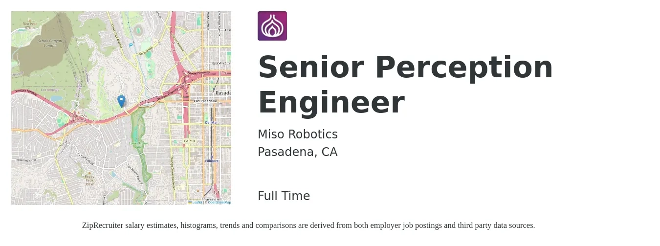 Miso Robotics job posting for a Senior Perception Engineer in Pasadena, CA with a salary of $185,000 to $210,000 Yearly with a map of Pasadena location.
