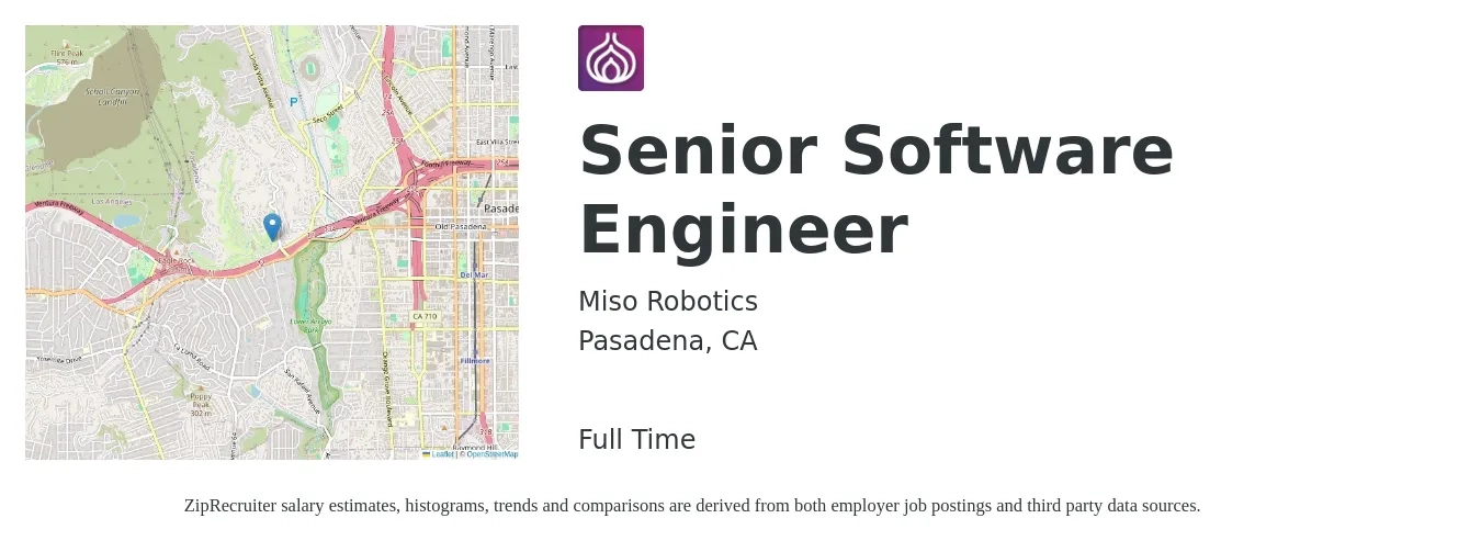 Miso Robotics job posting for a Senior Software Engineer in Pasadena, CA with a salary of $140,000 to $170,000 Yearly with a map of Pasadena location.