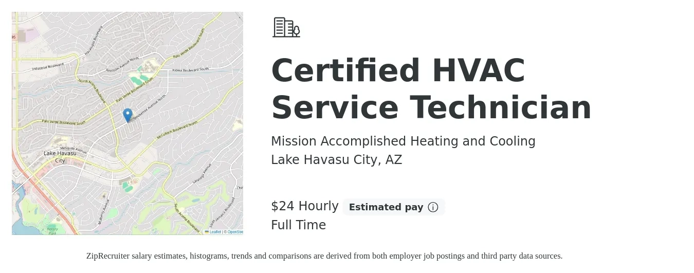 Mission Accomplished Heating and Cooling job posting for a Certified HVAC Service Technician in Lake Havasu City, AZ with a salary of $25 Hourly with a map of Lake Havasu City location.