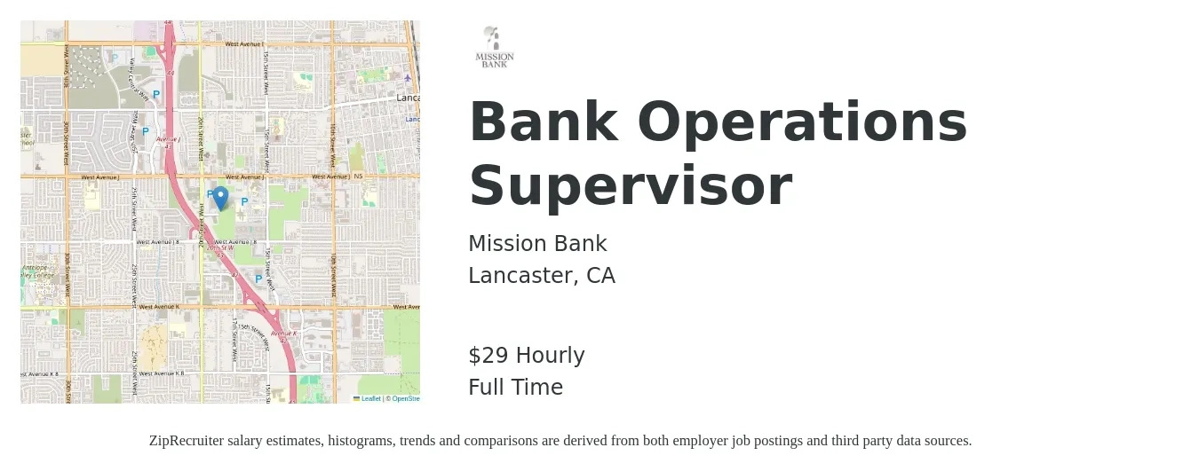 Mission Bank job posting for a Bank Operations Supervisor in Lancaster, CA with a salary of $31 Hourly with a map of Lancaster location.