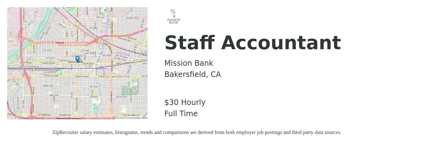 Mission Bank job posting for a Staff Accountant in Bakersfield, CA with a salary of $32 Hourly with a map of Bakersfield location.