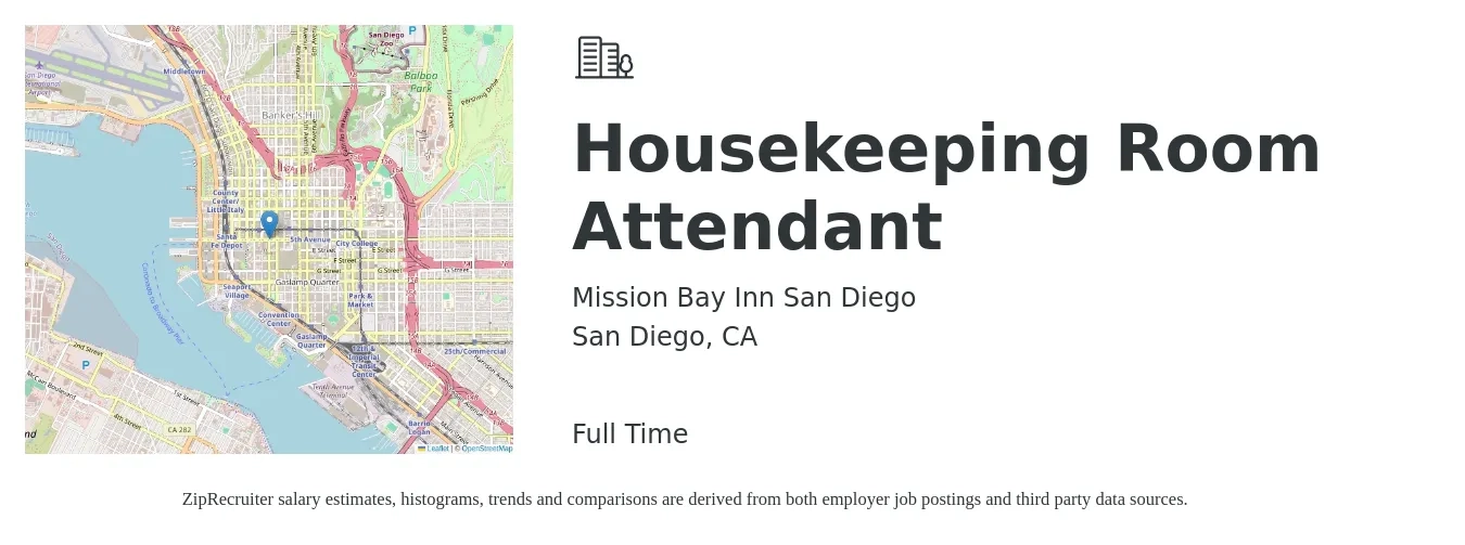 Mission Bay Inn San Diego job posting for a Housekeeping Room Attendant in San Diego, CA with a salary of $16 Hourly with a map of San Diego location.