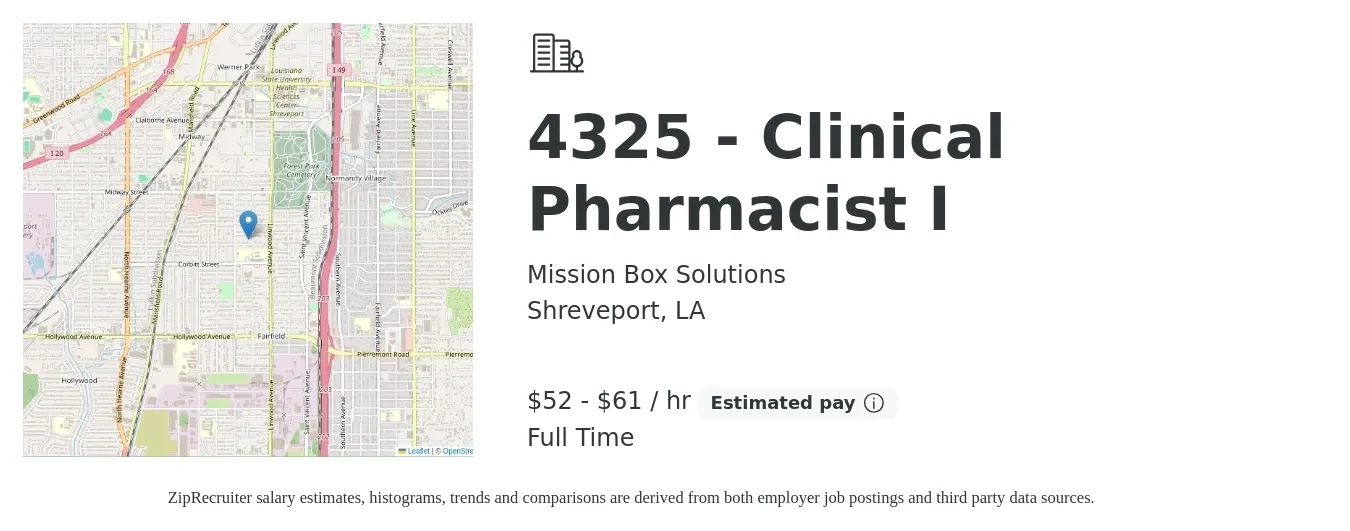 Mission Box Solutions job posting for a 4325 - Clinical Pharmacist I in Shreveport, LA with a salary of $55 to $64 Hourly with a map of Shreveport location.