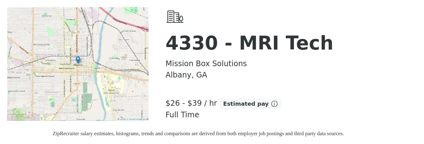 Mission Box Solutions job posting for a 4330 - MRI Tech in Albany, GA with a salary of $28 to $41 Hourly with a map of Albany location.