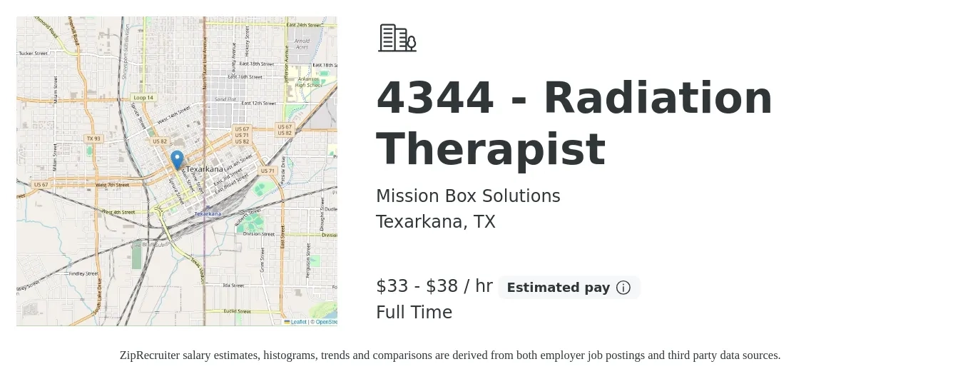 Mission Box Solutions job posting for a 4344 - Radiation Therapist in Texarkana, TX with a salary of $35 to $40 Hourly with a map of Texarkana location.