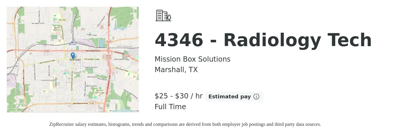 Mission Box Solutions job posting for a 4346 - Radiology Tech in Marshall, TX with a salary of $26 to $32 Hourly with a map of Marshall location.
