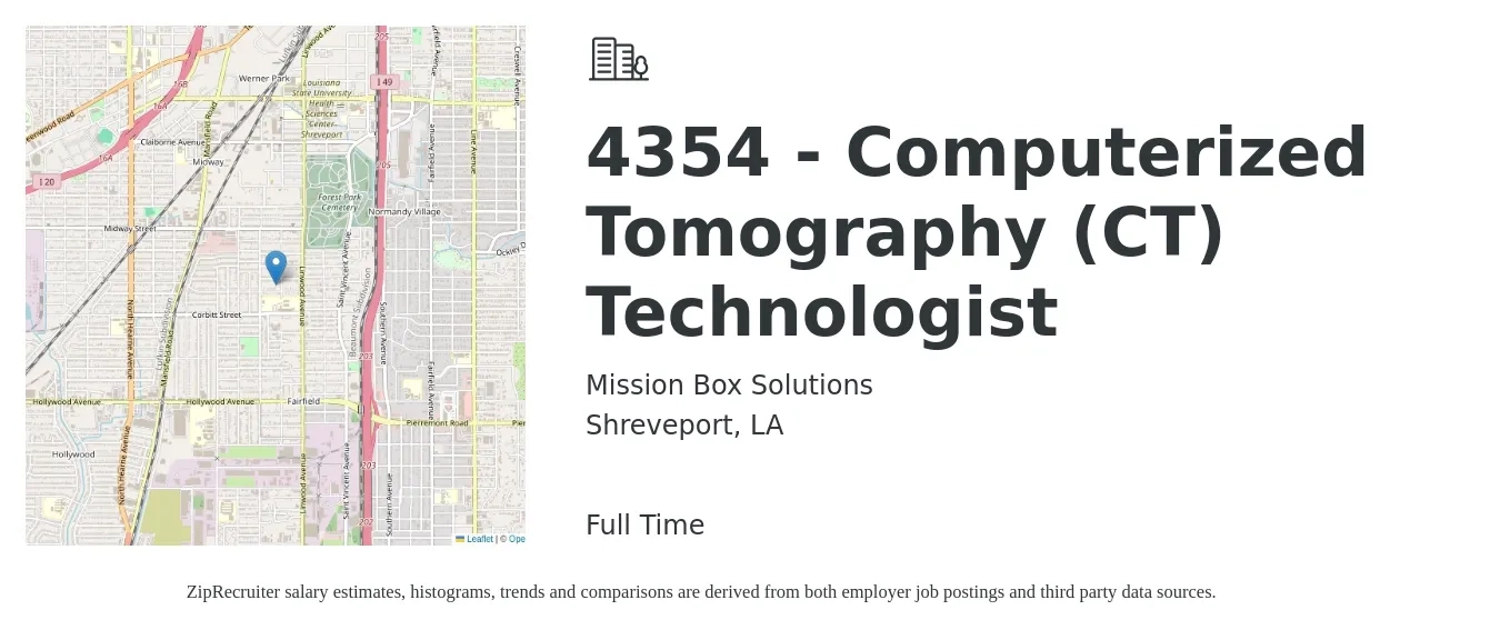 Mission Box Solutions job posting for a 4354 - Computerized Tomography (CT) Technologist in Shreveport, LA with a salary of $27 to $39 Hourly with a map of Shreveport location.