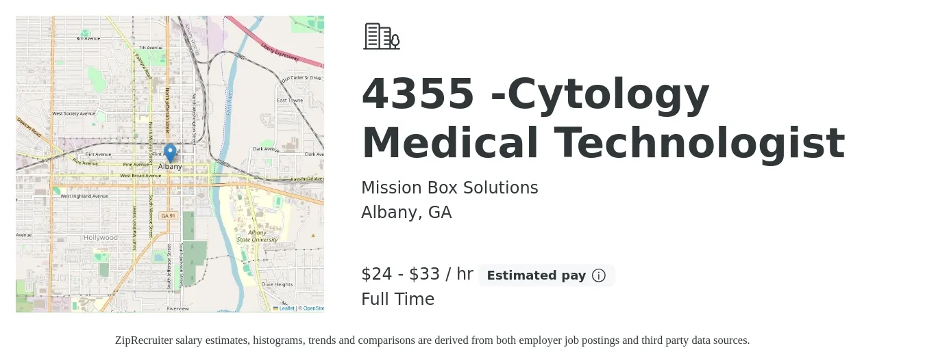 Mission Box Solutions job posting for a 4355 -Cytology Medical Technologist in Albany, GA with a salary of $25 to $35 Hourly with a map of Albany location.
