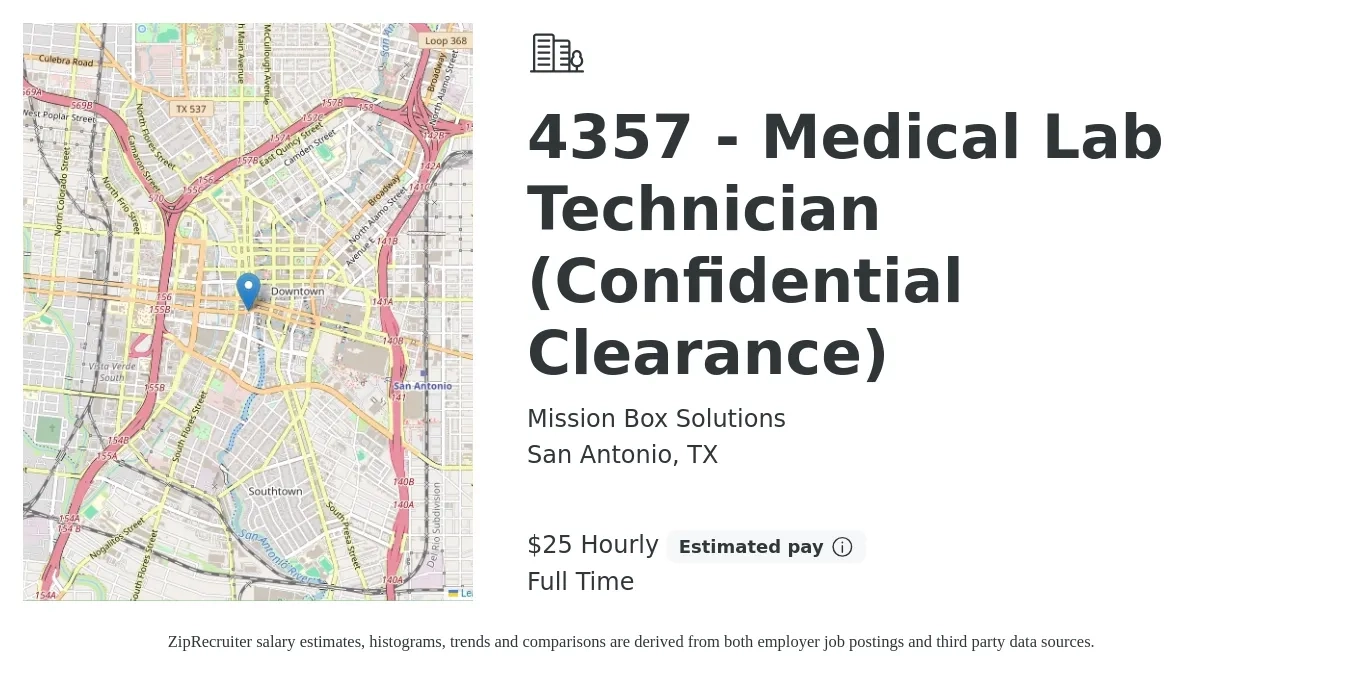 Mission Box Solutions job posting for a 4357 - Medical Lab Technician (Confidential Clearance) in San Antonio, TX with a salary of $27 Hourly with a map of San Antonio location.