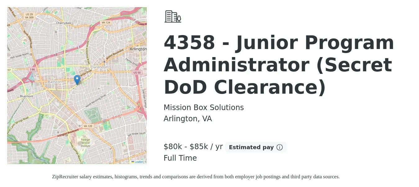 Mission Box Solutions job posting for a 4358 - Junior Program Administrator (Secret DoD Clearance) in Arlington, VA with a salary of $80,000 to $85,000 Yearly with a map of Arlington location.