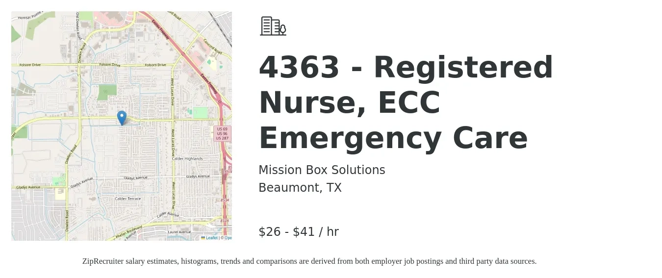 Mission Box Solutions job posting for a 4363 - Registered Nurse, ECC Emergency Care in Beaumont, TX with a salary of $27 to $44 Hourly with a map of Beaumont location.