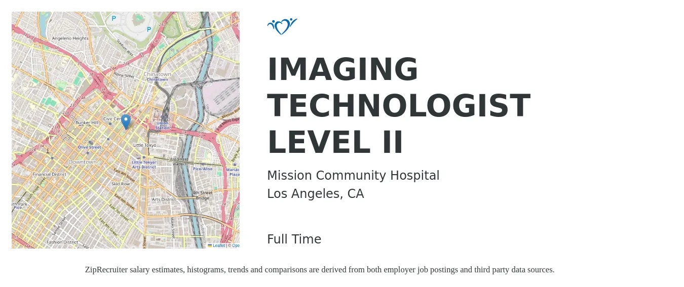Mission Community Hospital job posting for a IMAGING TECHNOLOGIST LEVEL II in Los Angeles, CA with a salary of $1,350 to $2,360 Weekly with a map of Los Angeles location.