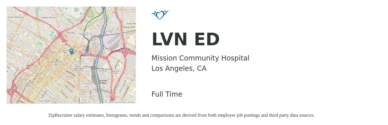 Mission Community Hospital job posting for a LVN ED in Los Angeles, CA with a salary of $30 to $40 Hourly with a map of Los Angeles location.