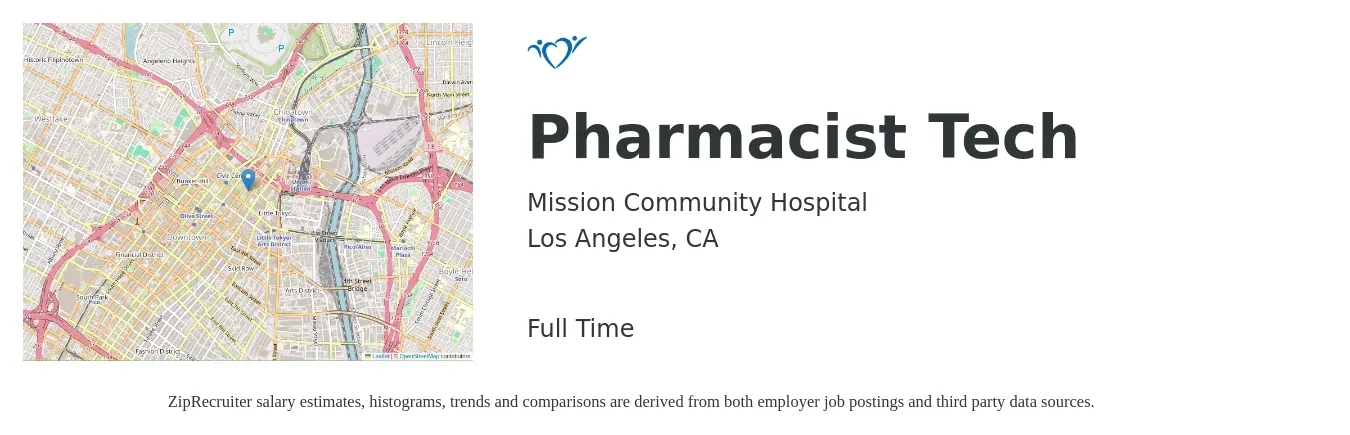 Mission Community Hospital job posting for a Pharmacist Tech in Los Angeles, CA with a salary of $19 to $23 Hourly with a map of Los Angeles location.