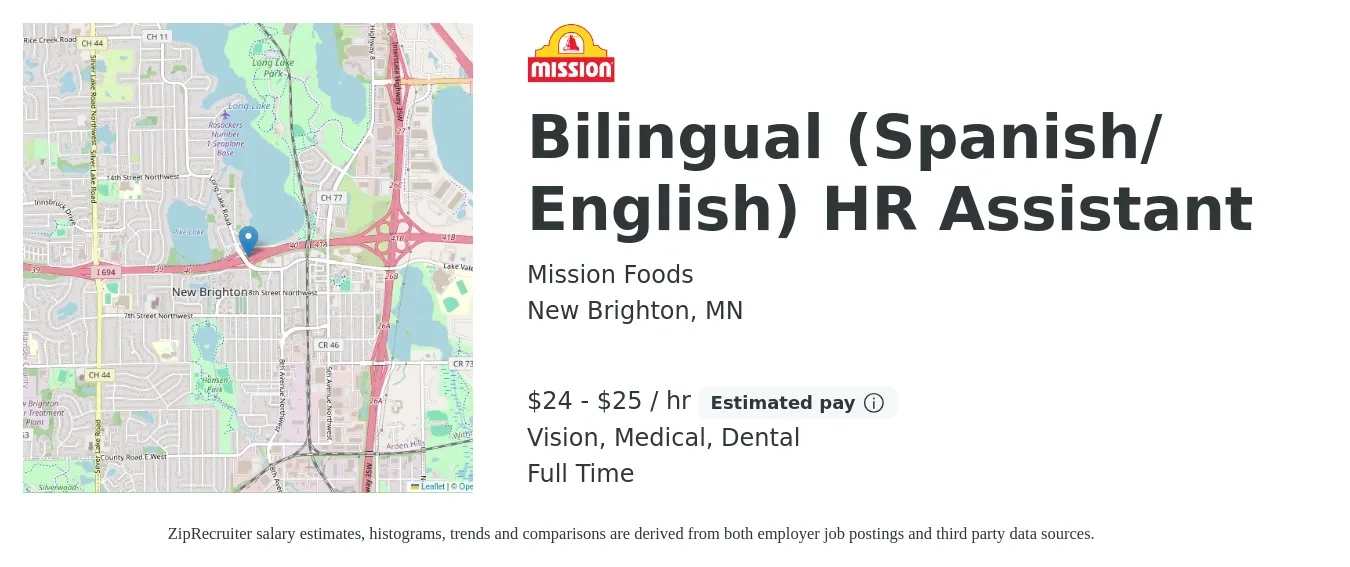 Mission Foods job posting for a Bilingual (Spanish/ English) HR Assistant in New Brighton, MN with a salary of $26 to $27 Hourly and benefits including dental, life_insurance, medical, pto, retirement, and vision with a map of New Brighton location.