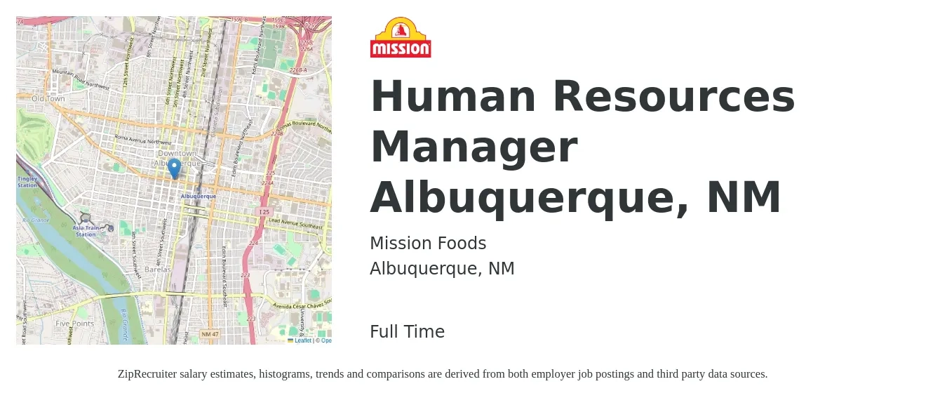 Mission Foods job posting for a Human Resources Manager Albuquerque, NM in Albuquerque, NM with a salary of $66,900 to $96,900 Yearly with a map of Albuquerque location.