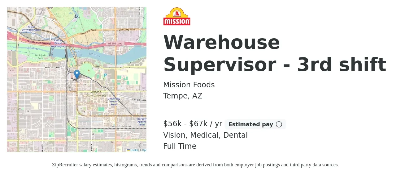 Mission Foods job posting for a Warehouse Supervisor - 3rd shift in Tempe, AZ with a salary of $56,000 to $67,400 Yearly and benefits including dental, life_insurance, medical, pto, retirement, and vision with a map of Tempe location.