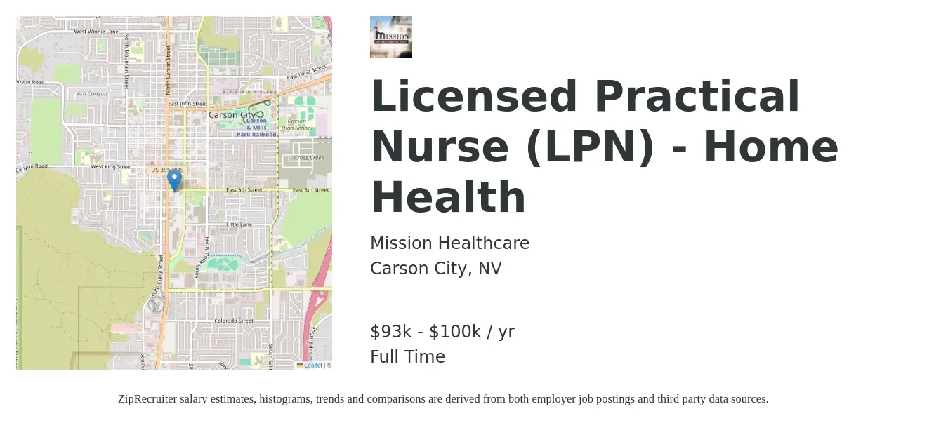 Mission Healthcare job posting for a Licensed Practical Nurse (LPN) - Home Health in Carson City, NV with a salary of $93,000 to $100,000 Yearly with a map of Carson City location.