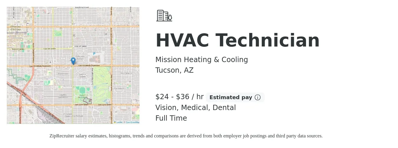 Mission Heating & Cooling job posting for a HVAC Technician in Tucson, AZ with a salary of $25 to $38 Hourly and benefits including dental, medical, and vision with a map of Tucson location.