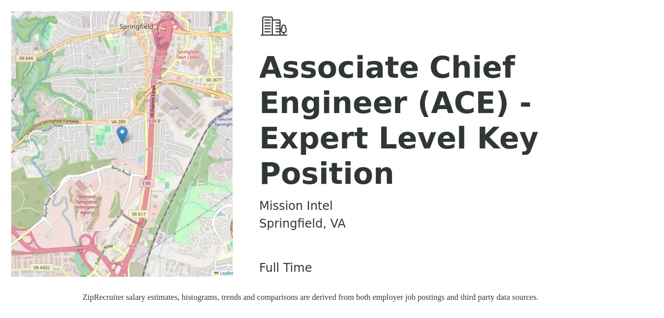 Mission Intel job posting for a Associate Chief Engineer (ACE) - Expert Level Key Position in Springfield, VA with a salary of $68,500 to $99,400 Yearly with a map of Springfield location.