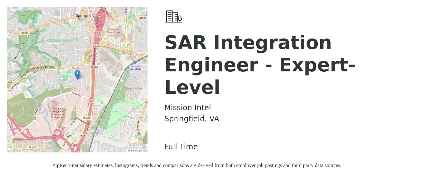 Mission Intel job posting for a SAR Integration Engineer - Expert-Level in Springfield, VA with a salary of $108,800 to $146,400 Yearly with a map of Springfield location.