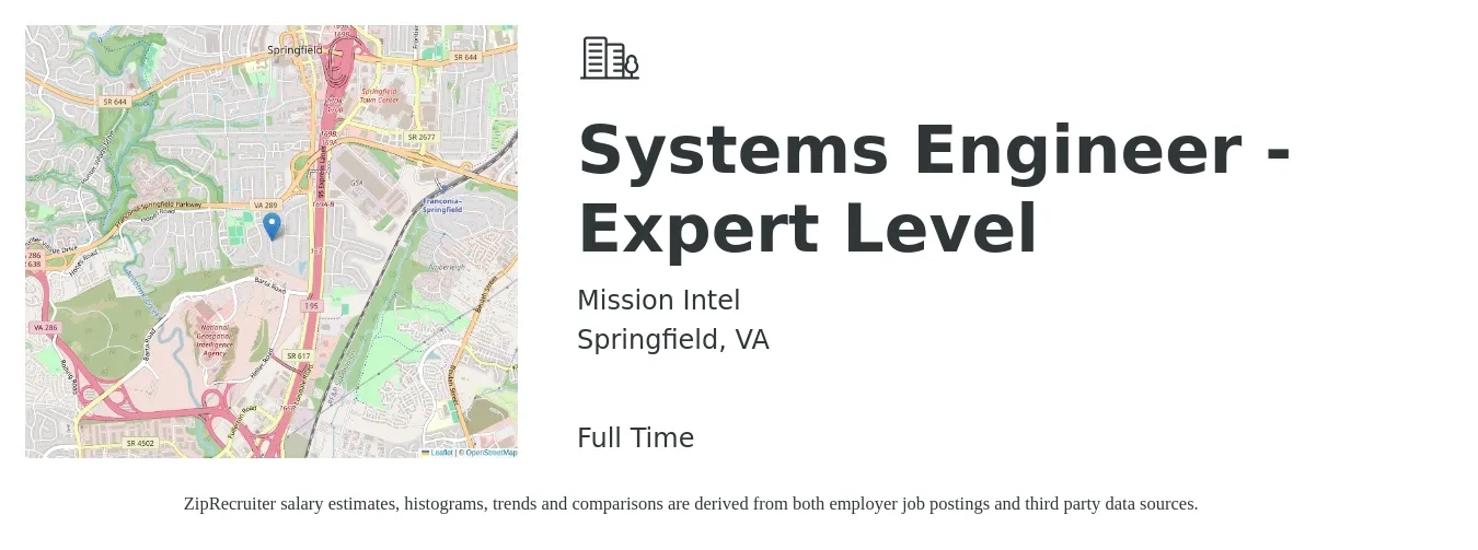 Mission Intel job posting for a Systems Engineer - Expert level in Springfield, VA with a salary of $102,500 to $164,200 Yearly with a map of Springfield location.