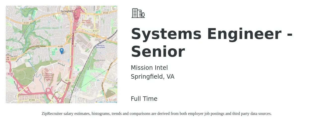 Mission Intel job posting for a Systems Engineer - Senior in Springfield, VA with a salary of $109,300 to $149,600 Yearly with a map of Springfield location.
